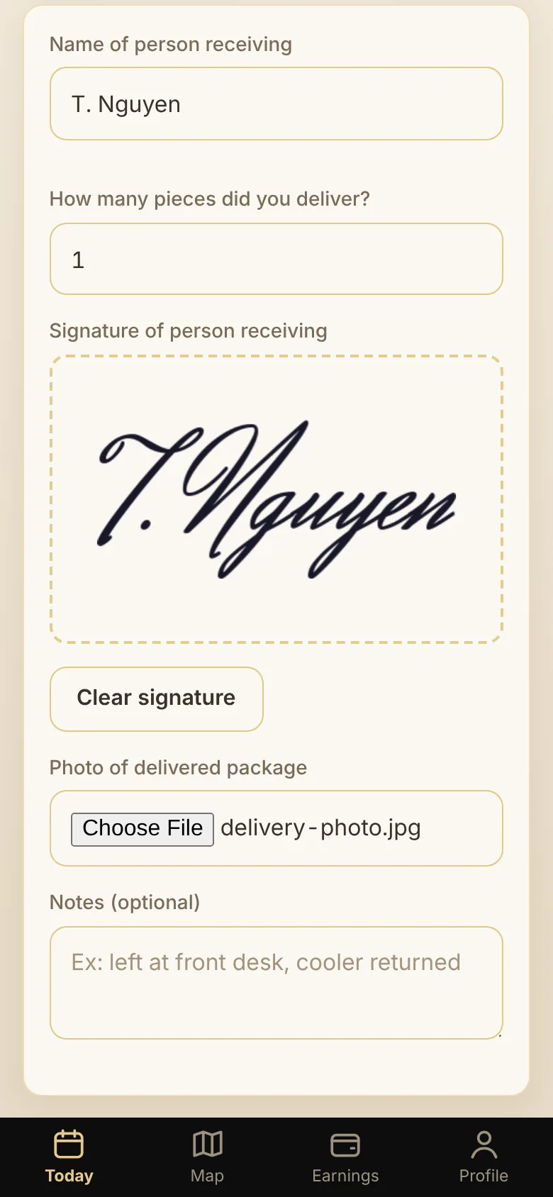Delivery screen with recipient signature
