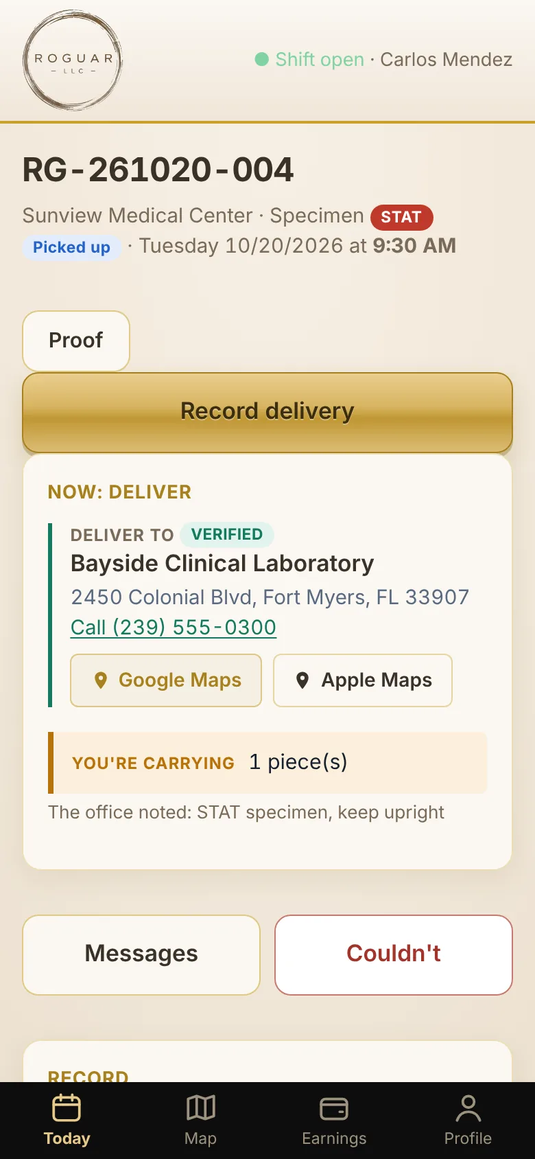 Driver app showing a delivery in progress