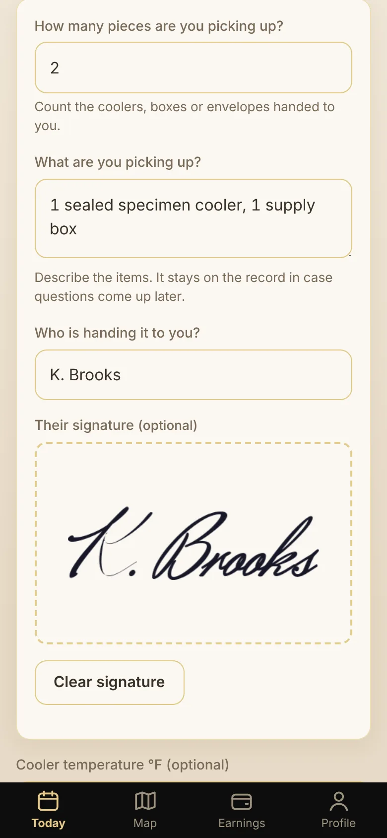 Pickup screen with piece count and signature