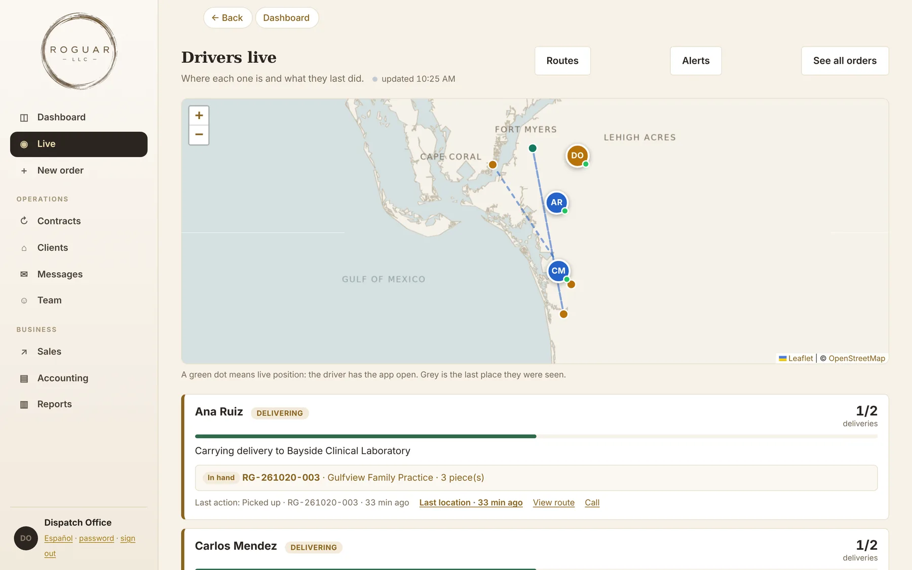 Roguar dispatch screen showing drivers live on a map of Southwest Florida