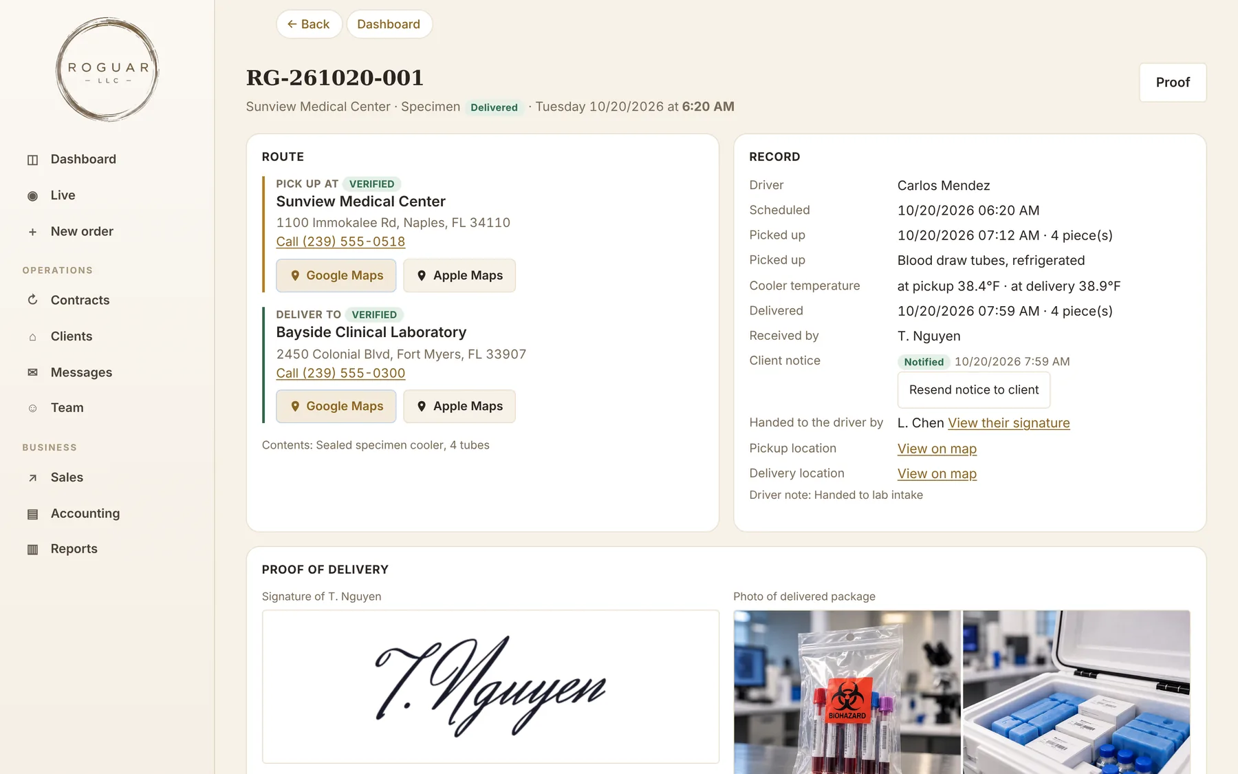 Order record in the Roguar office system